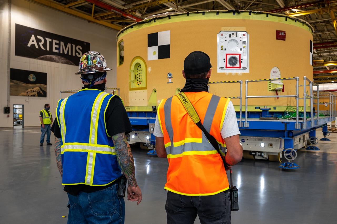 This image shows the forward skirt that will be used on the core stage of NASA’s Space Launch System rocket for Artemis II, the first crewed mission of NASA’s Artemis program, at NASA’s Michoud Assembly Facility. The SLS core stage is made up of five unique elements: the forward skirt, liquid oxygen tank, intertank, liquid hydrogen tank, and the engine section. The forward skirt houses flight computers, cameras, and avionics systems. The hardware is located at the top of the 212-foot-tall core stage and connects the upper part of the rocket to the core stage. Soon, technicians will ready the forward skirt for the first of three core stage assembly mates called the forward join. The forward join consists of three main parts -- the forward skirt, liquid oxygen tank, and intertank – to create the top, or forward part, of the core stage. Together with its four RS-25 engines, the rocket’s massive 212-foot-tall core stage — the largest stage NASA has ever built — and its twin solid rocket boosters will produce 8.8 million pounds of thrust to send NASA’s Orion spacecraft, astronauts and supplies beyond Earth’s orbit to the Moon and, ultimately, Mars. Offering more payload mass, volume capability and energy to speed missions through space, the SLS rocket, along with NASA’s Gateway in lunar orbit, the Human Landing System, and Orion spacecraft, is part of NASA’s backbone for deep space exploration and the Artemis lunar program. No other rocket is capable of carrying astronauts in Orion around the Moon in a single mission.